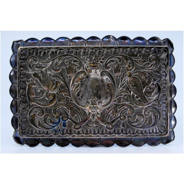 Flowers, Birds and Mask Embossed Silver Tray with Wavy Edge For Sale - Image 6 of 9