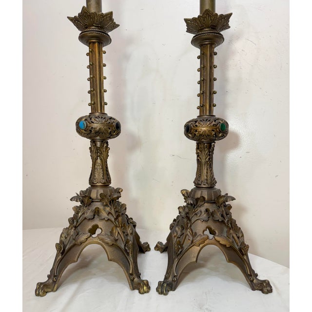 Gothic Antique 1800's Ornate Bronze Religious Candle Holder Electric Table Lamps - a Pair For Sale - Image 3 of 14
