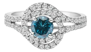 14K White Gold 1-1/3 Cttw White & Blue Diamond Interweaving Double Halo Cocktail Statement Ring (G-H and Fancy Blue Color, SI2-I1 Clarity) Size 7.25