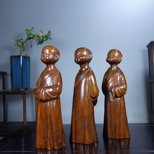 Set of 3 Vintage Chinese Boxwood Carved Monk Figures – "Zen Mind" (Chan Xin) Statues For Sale In Los Angeles - Image 6 of 9