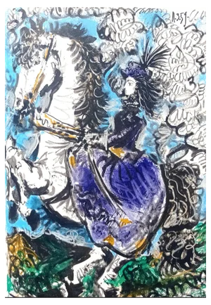 Pablo Picasso, First Edition of Toros y Toreros: Jacqueline in Violet Dress Riding a Horse, 1961, Original Lithograph