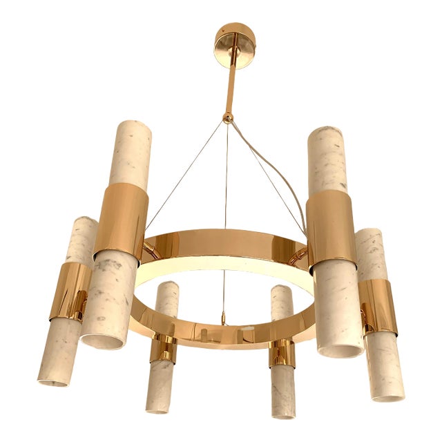Contemporary Double Carrara Marble Gold Ring Chandelier For Sale