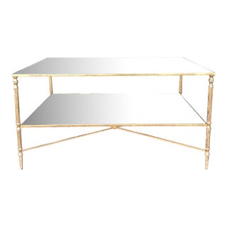 Vintage Hollywood Regency Antiqued Brass Finish & Mirrored Two Tier Coffee Table For Sale