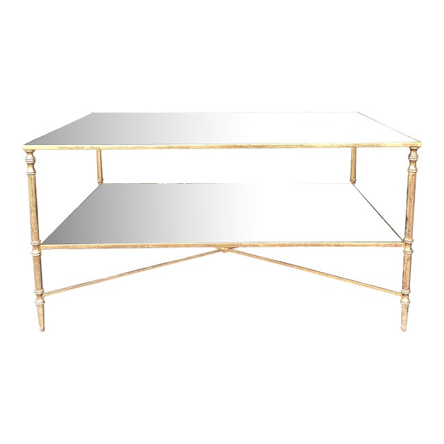 Vintage Hollywood Regency Antiqued Brass Finish & Mirrored Two Tier Coffee Table For Sale