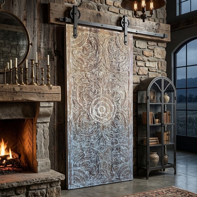 Vintage Carved Wood Lotus Medallion Barn Door | Artisan Headboard Wall Panel 80x36 For Sale In Orlando - Image 6 of 7