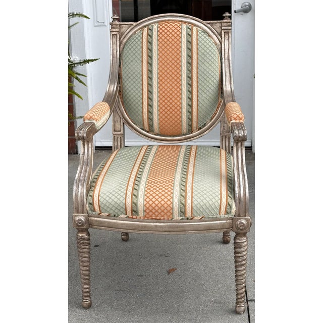 Silver Dessin Fournir Louis XVI Giltwood Arm Chair W Cut Velvet For Sale - Image 8 of 10