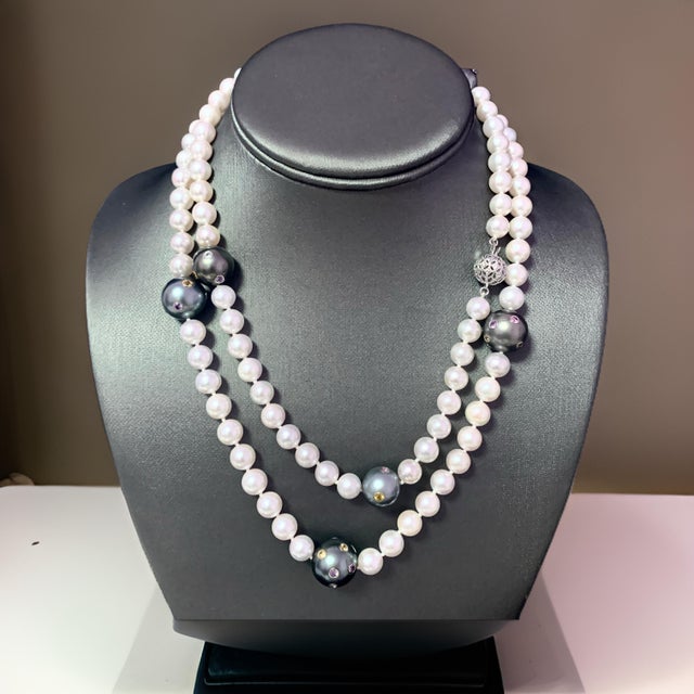 Akoya Tahitian Pearl Diamond Sapphire Necklace 14k Gold Certified For Sale - Image 9 of 16