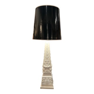 Italian White Ceramic Obelisk Table Lamp With Black Laquered Shade For Sale