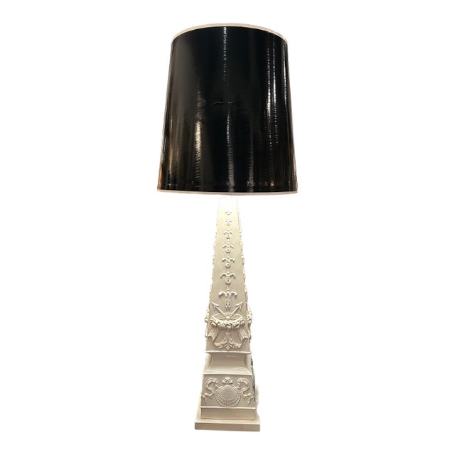 Italian White Ceramic Obelisk Table Lamp With Black Laquered Shade For Sale