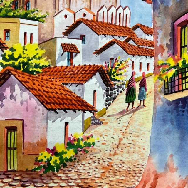 Paint 1997 Vintage Art Original Watercolor Cobblestone Village #1 by Carrillo For Sale - Image 7 of 8