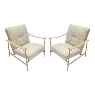 Custom Beige Oak & Ivory Sheepskin Mid-Century Style Armchairs - a Pair For Sale