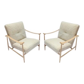 Custom Beige Oak & Ivory Sheepskin Mid-Century Style Armchairs - a Pair For Sale