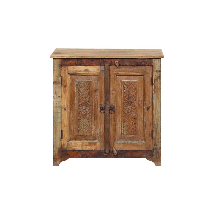 Two-Door Nightstand Made From Antique Indian Teakwood Architectural Elements For Sale In Santa Fe - Image 6 of 8