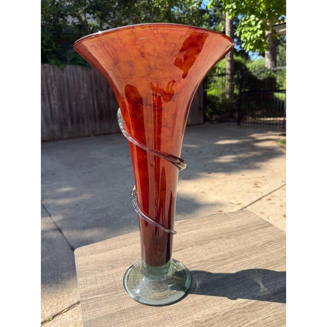 Hand-Blown 20" Amber Red Art Glass Trumpet Vase Applied Serpentine Spiral For Sale - Image 13 of 18