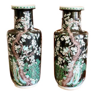 Pair of Large Famille Noir Chinese Porcelain Vases For Sale