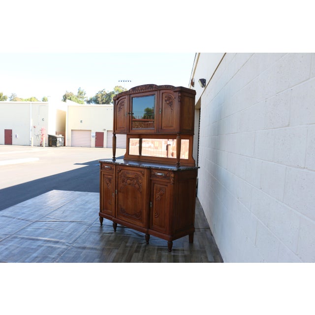 Antique French Art Deco Buffet Hutch With Marble Top, Mirror & Glass Display Cabinet | C. 1920 For Sale - Image 12 of 18
