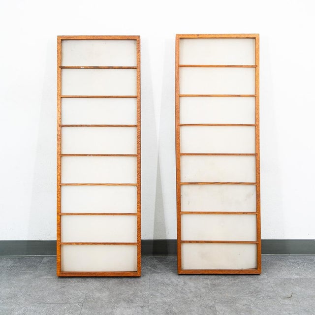 Mid-Century Modern 1960s Mid Century Modern Panel Ceiling Lamp Set Pair Light Oak Wood Slat Two Fixture For Sale - Image 3 of 12