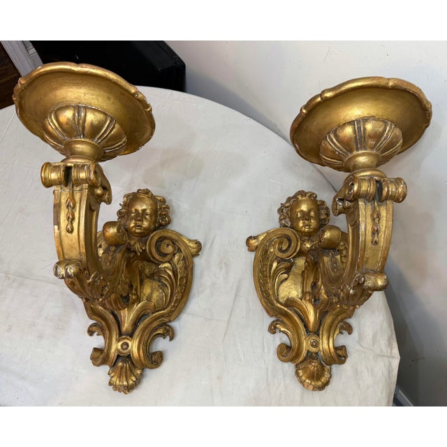 Figurative Large Antique Ornate Carved Italian Gilt Wood Cherub Wall Sconce Fixtures - a Pair For Sale - Image 3 of 18