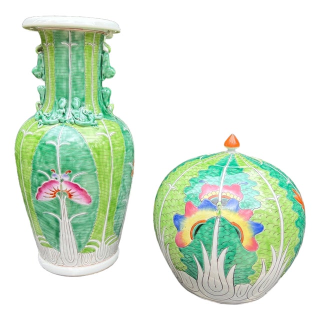 Hand-Painted Jingdezhen Porcelain Melon Jar With Finial Lid – Bok Choy Pattern For Sale
