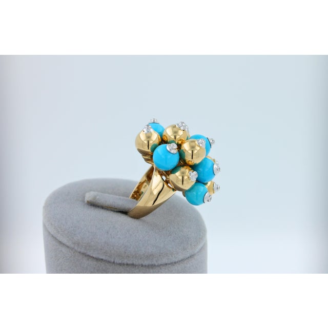 Blue Turquoise Diamonds Golden Spheres Balls Christmas Bells Motif 18k Gold Ring, Size 7 For Sale - Image 14 of 18