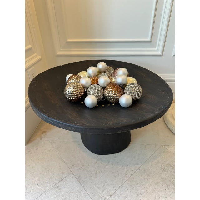 Vintage 22” Black Cerused Wood Low Table With Brass Accents For Sale - Image 15 of 16