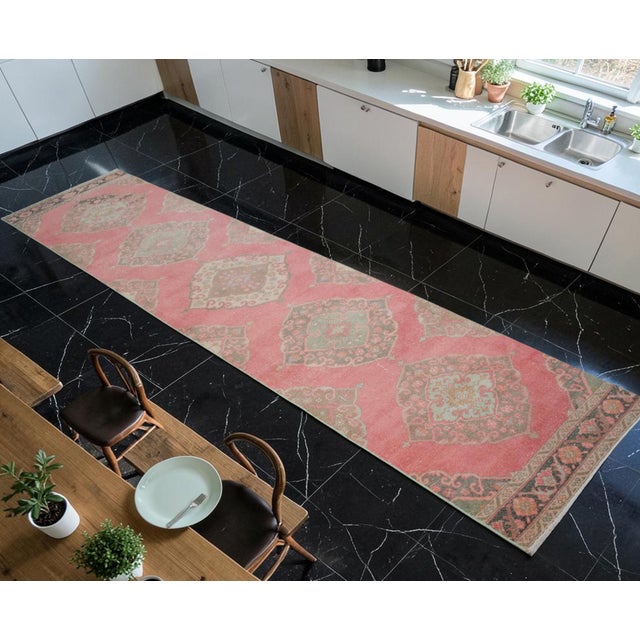 Mid-Century Modern Vintage Turkish Runner Rug Hand-Knotted Coral Pink Hallway Runner Authentic Oushak Rug 3x13 Ft Approx For Sale - Image 3 of 13