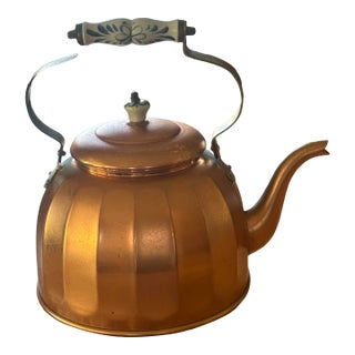 Vintage Portuguese Copper Tea Kettle With Ceramic Handle | Ribbed Form, Original Label For Sale