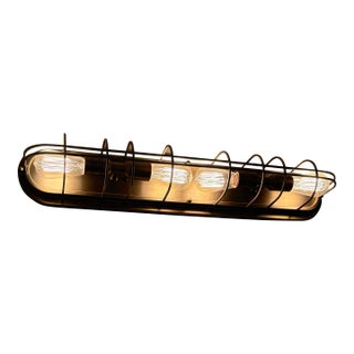 Industrial Vintage Vanity Light. Horizontal. Exposed Filament. Caged Edison Bulbs. Brushed Brass/Bronze For Sale