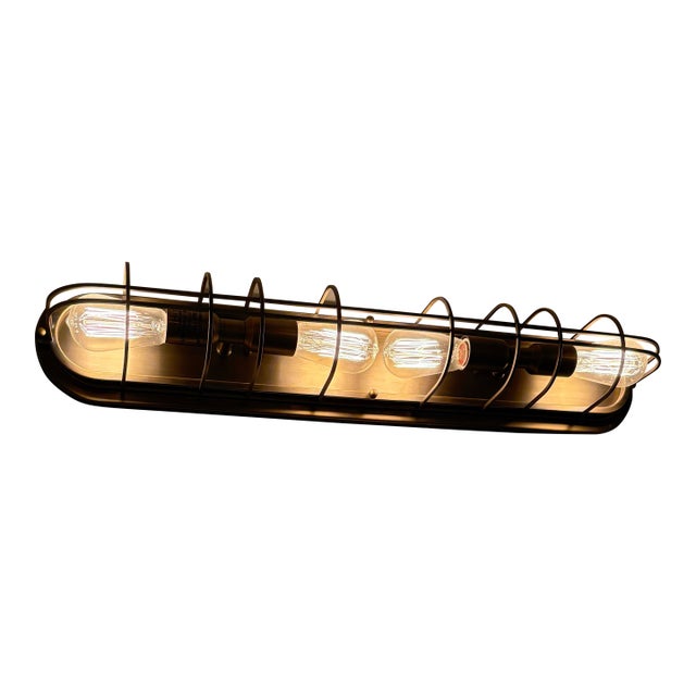 Industrial Vintage Vanity Light. Horizontal. Exposed Filament. Caged Edison Bulbs. Brushed Brass/Bronze For Sale