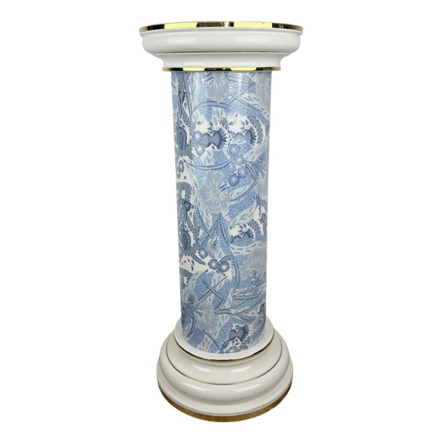 Vintage Blue and White Porcelain Column Stand with Gold Trim, 1960s For Sale