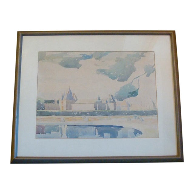 French Landscape Watercolor Painting Country Chateau For Sale