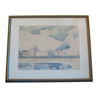 Vintage French Landscape Watercolor Painting Country Chateau For Sale