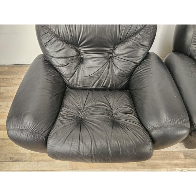 Black Vintage Club Chairs in Black Leather, 1970, Set of 2 For Sale - Image 8 of 18