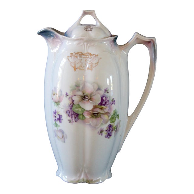 Vintage Porcelain Chocolate Pot With Floral Design and Lid, Marked 653 For Sale