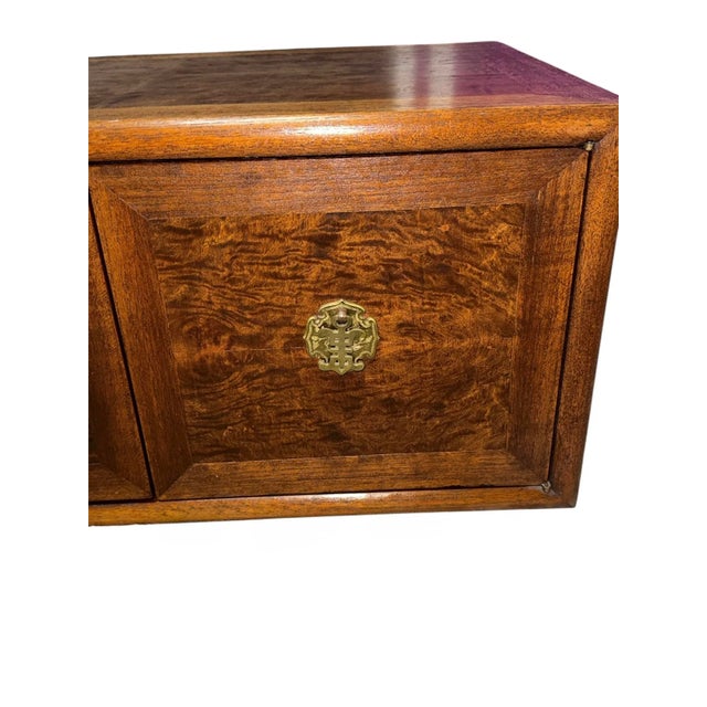 Wood Mid-Century Asian Modern Burl Wood Nightstand With Chinoiserie Brass Hardware For Sale - Image 7 of 11