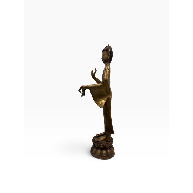 Vintage 4-Foot Hand-Cast Brass Standing Buddha Statue on Lotus Pedestal - 70 LBS For Sale - Image 4 of 9