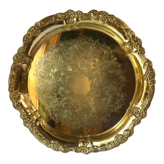 Vintage Fancy Edge Round Brass Tray For Sale