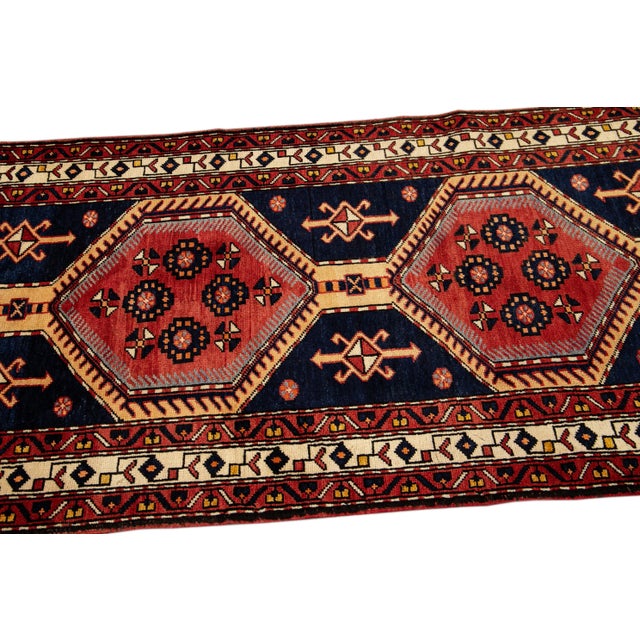 1920s Vintage Shiraz Handmade Pictorial Designed Blue Wool Runner For Sale - Image 5 of 10