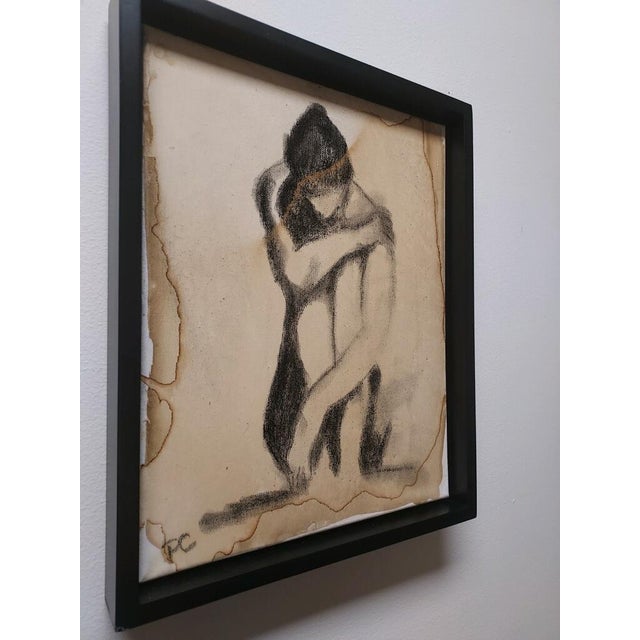 Contemporary Pat Clay "Huddled Woman" Original Charcoal & Coffee Wash on Canvas – 2026 For Sale - Image 3 of 9