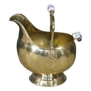 Antique Brass Coal Scuttle Delft Blue Porcelain Handle Fireplace Ash Bucket 16" For Sale