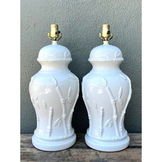 Vintage Glazed Ceramic Bamboo Lamps - A Pair For Sale - Image 4 of 12