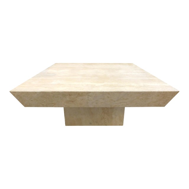 1980s Reverse-Bevel Square Travertine Coffee Table For Sale