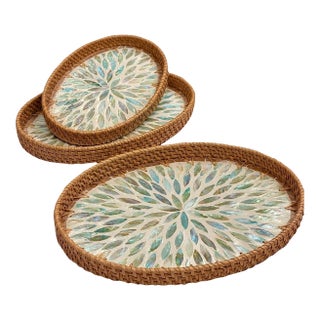 Set of Three Rattan Mother-of-Pearl Inlaid Oval Trays For Sale
