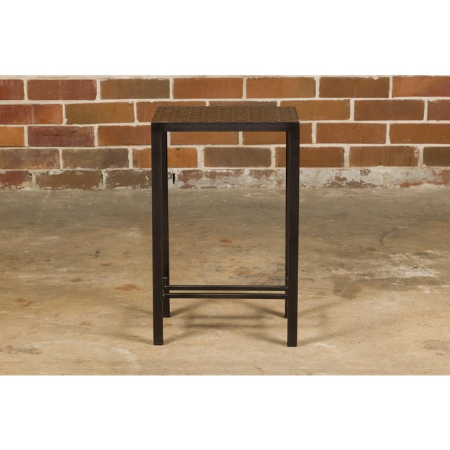 Black Leather Louis Vuitton Top Small Side Table with Custom Metal Base and Stretchers For Sale - Image 8 of 12