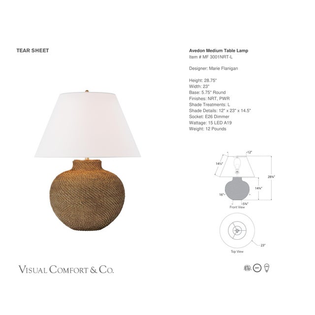 Marie Flanigan by Visual Comfort Signature Avedon Medium Table Lamp in Natural Rattan with Linen Shade Designer: Marie...