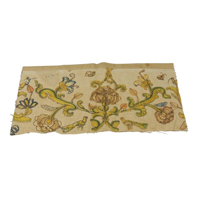 Antique Orange and Green Italian Embroidery Fragment Textile For Sale