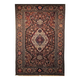 Vintage Persian Kashan Rug, Hand-Knotted Wool, Floral Pattern, Navy & Ivory, 5x7 For Sale