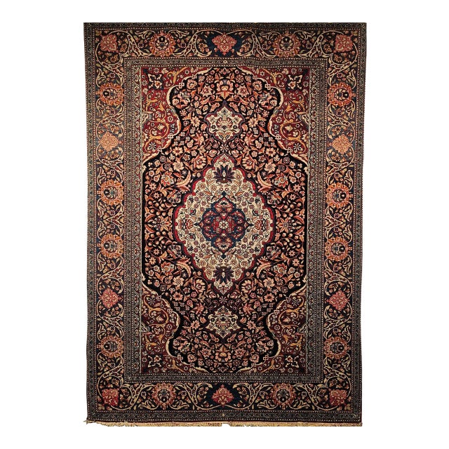 Vintage Persian Kashan Rug, Hand-Knotted Wool, Floral Pattern, Navy & Ivory, 5x7 For Sale