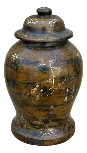 Chinese Distressed Brown Lacquer Golden Scenery Wood Temple Jar