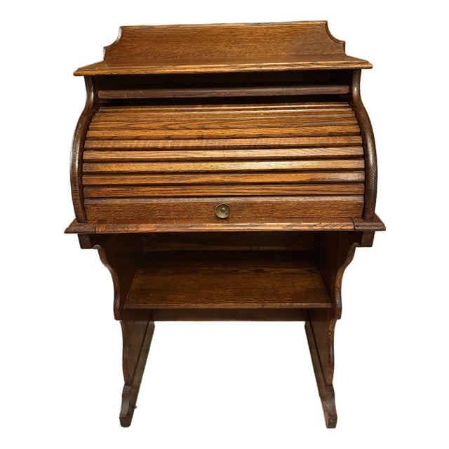 Antique Quarter Sawn Solid Oak Child's Roll Top Trestle Desk - Original Brass For Sale